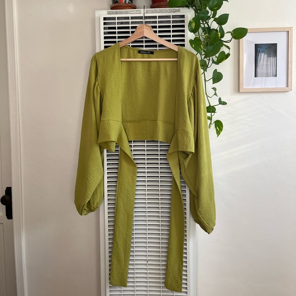 Green Wrap Crop Top with Fun Billowy Sleeves - Picture 1 of 3